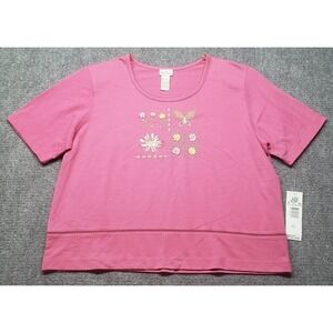 Koret Francisca Top Blouse Womens L Magenta Floral & Butterfly Embroidered New